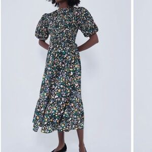 Hyacinth House Smocked Samantha Midi Dress-Black Multi Floral-Women’s XS-NEW-NWT